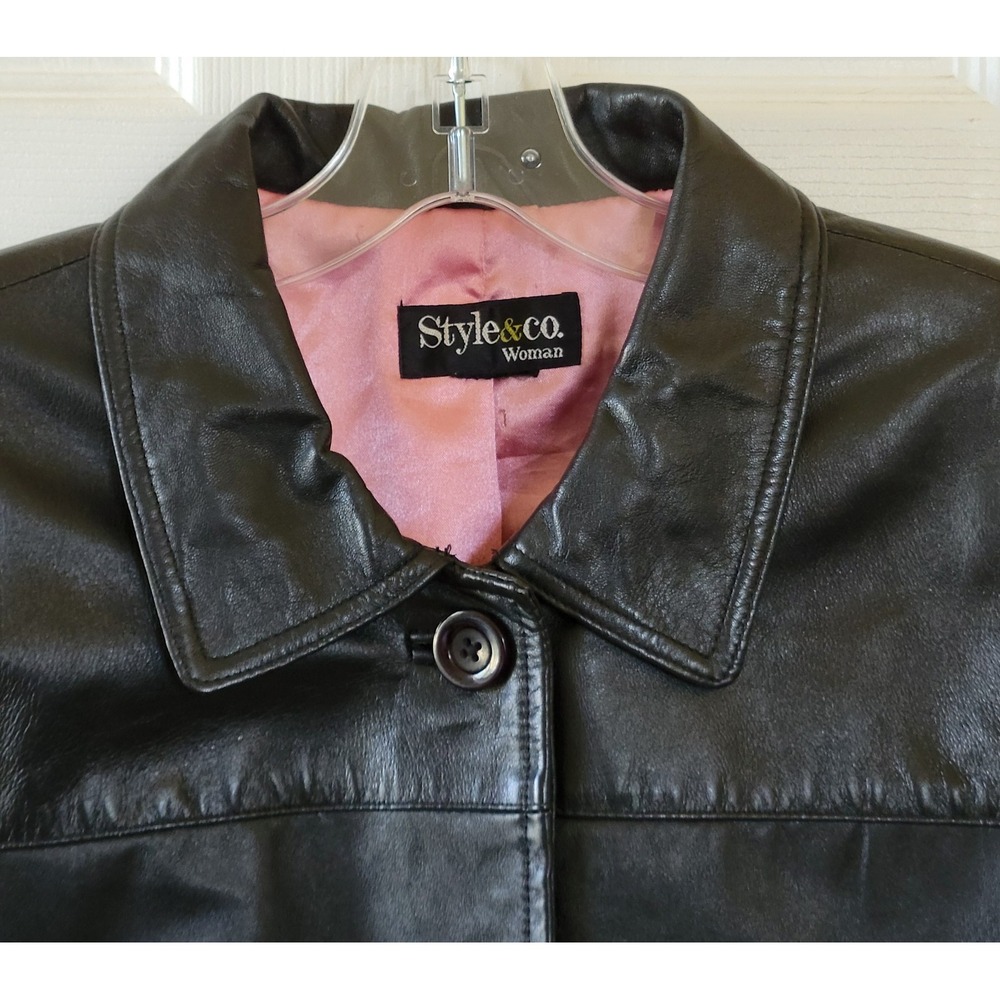 Style & Co Jacket Faux Leather Size XL? Black Buttons Casual Pockets Lined‎ - Picture 5 of 8